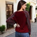 Red Large Boho Waffle Knit Surplice Top with Patterned Long Sleeves