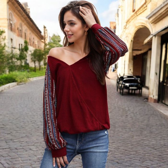 Boho Waffle Knit Surplice Top with Patterned Long Sleeves