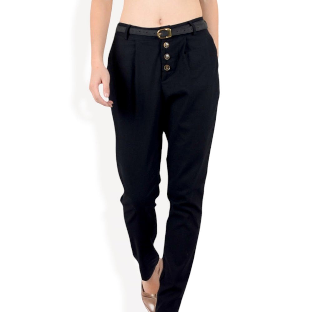 Pleated High Waist Tapered Pants with Button Front and Belt Detail