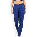 Blue XXL Pleated High Waist Tapered Pants with Button Front and Belt Detail