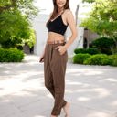 Brown Large Pleated High Waist Tapered Pants with Button Front and Belt Detail