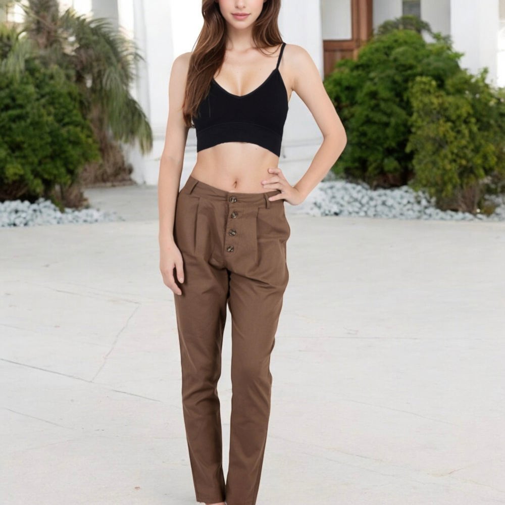 Pleated High Waist Tapered Pants with Button Front and Belt Detail