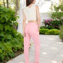 Pink XXL Pleated High Waist Tapered Pants with Button Front and Belt Detail