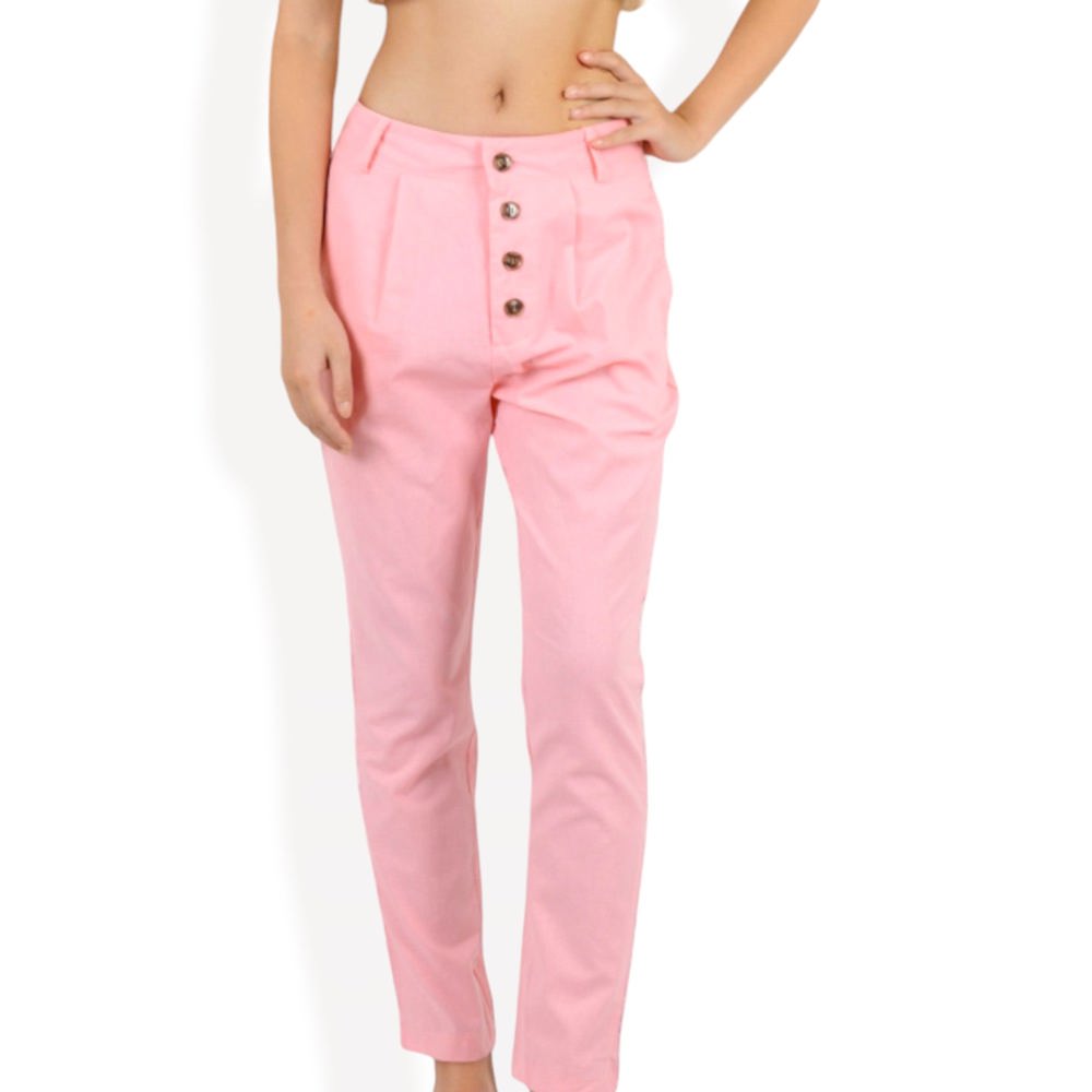 Pleated High Waist Tapered Pants with Button Front and Belt Detail