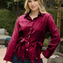 Red Large Long Sleeve Button Down Shirt with Adjustable Side Ties and Chest Pockets