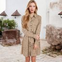 Brown Small Long Sleeve Polka Dot Shirt Dress with Button Front and Gathered Waist