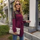 Red Large Long Sleeve Button-Up Tunic Shirt with Lace Panels and Waist Tie