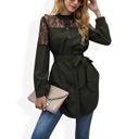 Green Large Long Sleeve Button-Up Tunic Shirt with Lace Panels and Waist Tie