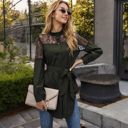 Green Large Long Sleeve Button-Up Tunic Shirt with Lace Panels and Waist Tie