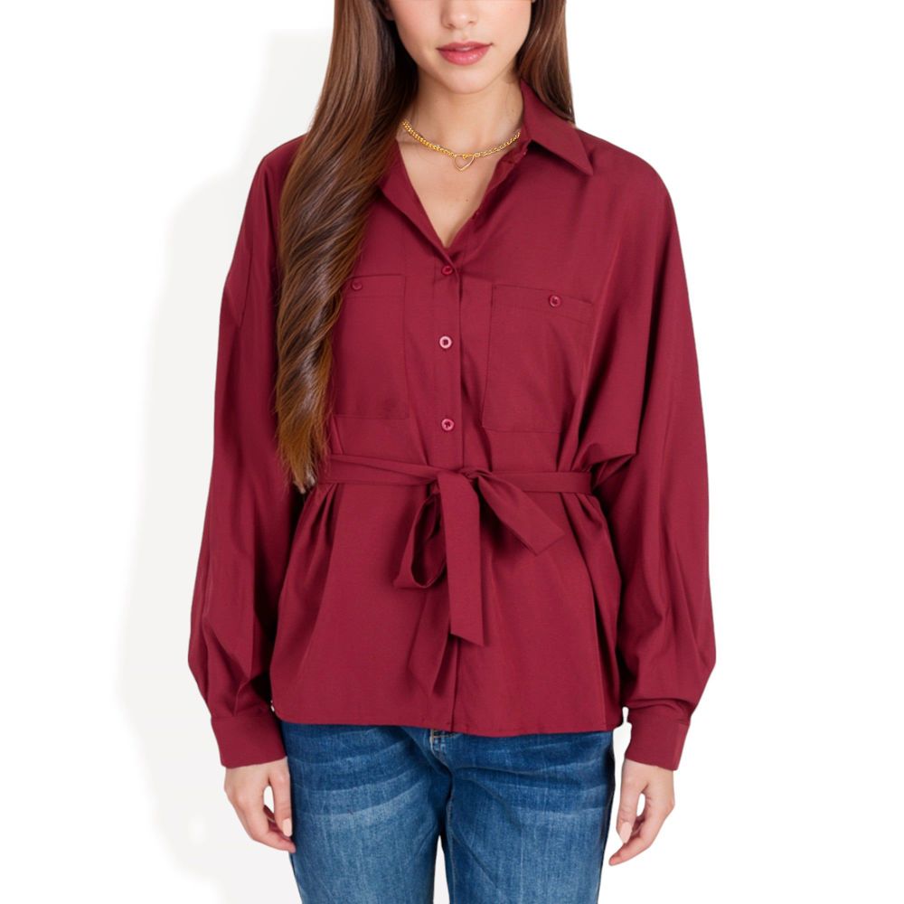 Button-Up Shirt with Belted Waist and Utility Pockets