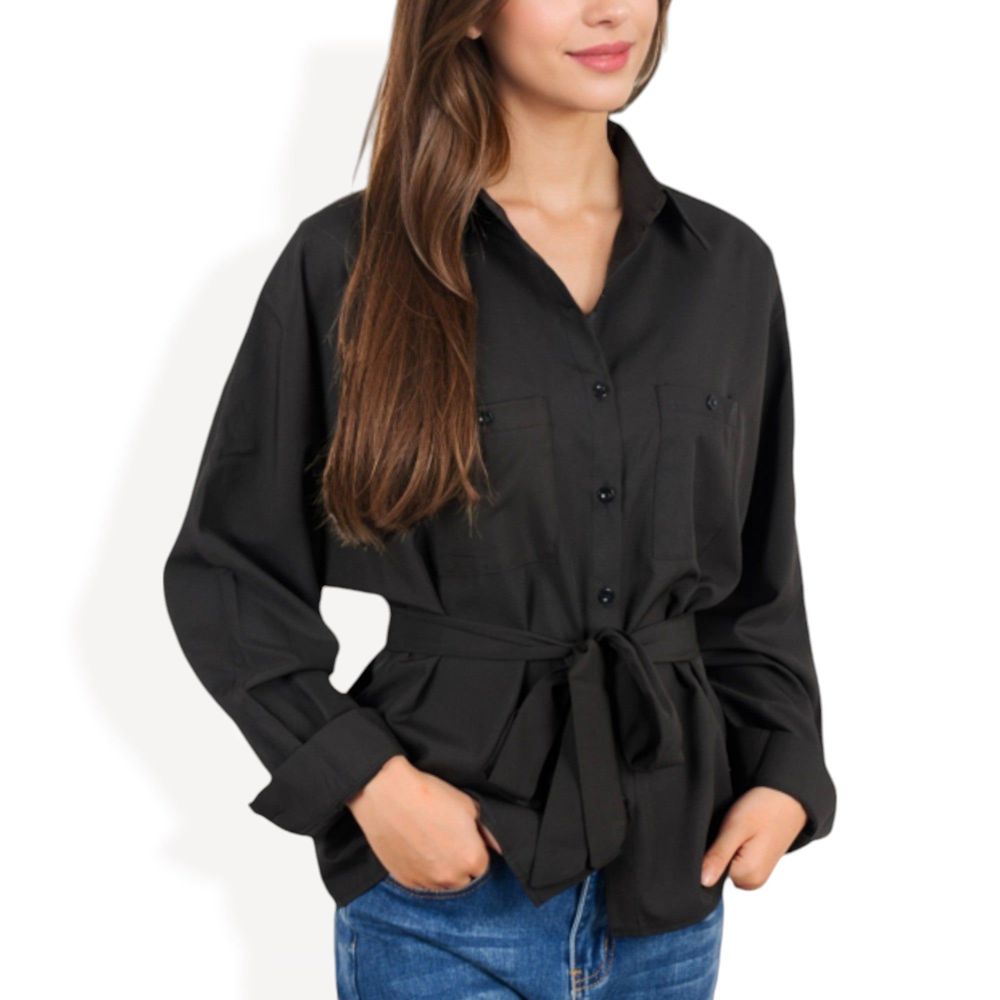 Button-Up Shirt with Belted Waist and Utility Pockets