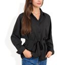 Black Large Button-Up Shirt with Belted Waist and Utility Pockets