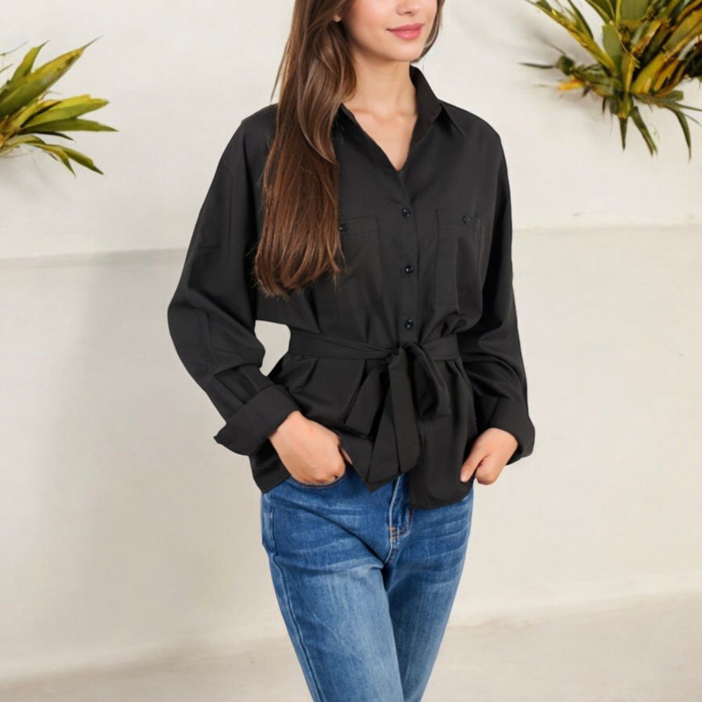 Button-Up Shirt with Belted Waist and Utility Pockets