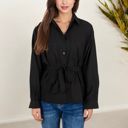 Black Large Button-Up Shirt with Belted Waist and Utility Pockets