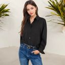 Black Large Button-Up Shirt with Belted Waist and Utility Pockets