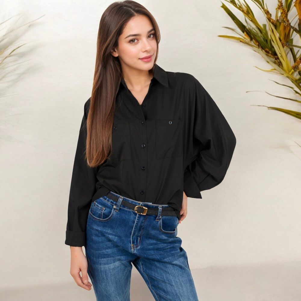 Button-Up Shirt with Belted Waist and Utility Pockets