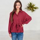 Red Large Button-Up Shirt with Belted Waist and Utility Pockets