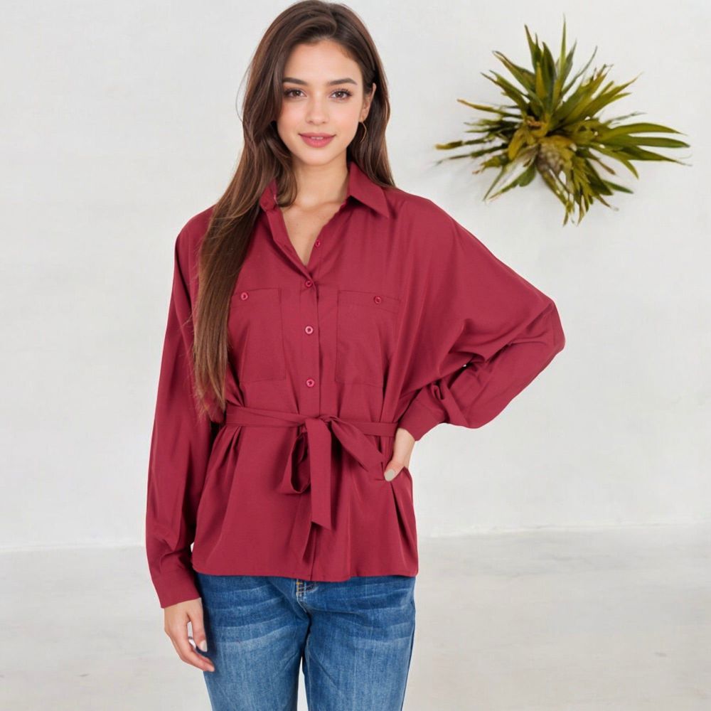 Button-Up Shirt with Belted Waist and Utility Pockets