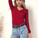  Long Sleeve Knit Top with Asymmetrical Button Detail and V-Neck