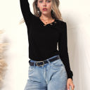 Black XXL Long Sleeve Knit Top with Asymmetrical Button Detail and V-Neck