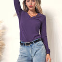 Purple XXL Long Sleeve Knit Top with Asymmetrical Button Detail and V-Neck