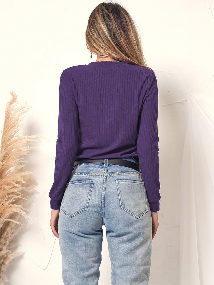 Long Sleeve Knit Top with Asymmetrical Button Detail and V-Neck