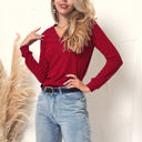 Red XXL Long Sleeve Knit Top with Asymmetrical Button Detail and V-Neck