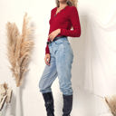 Red XXL Long Sleeve Knit Top with Asymmetrical Button Detail and V-Neck