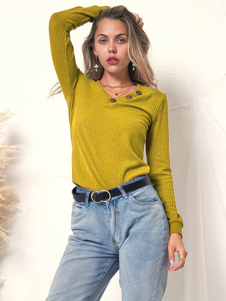 Long Sleeve Knit Top with Asymmetrical Button Detail and V-Neck