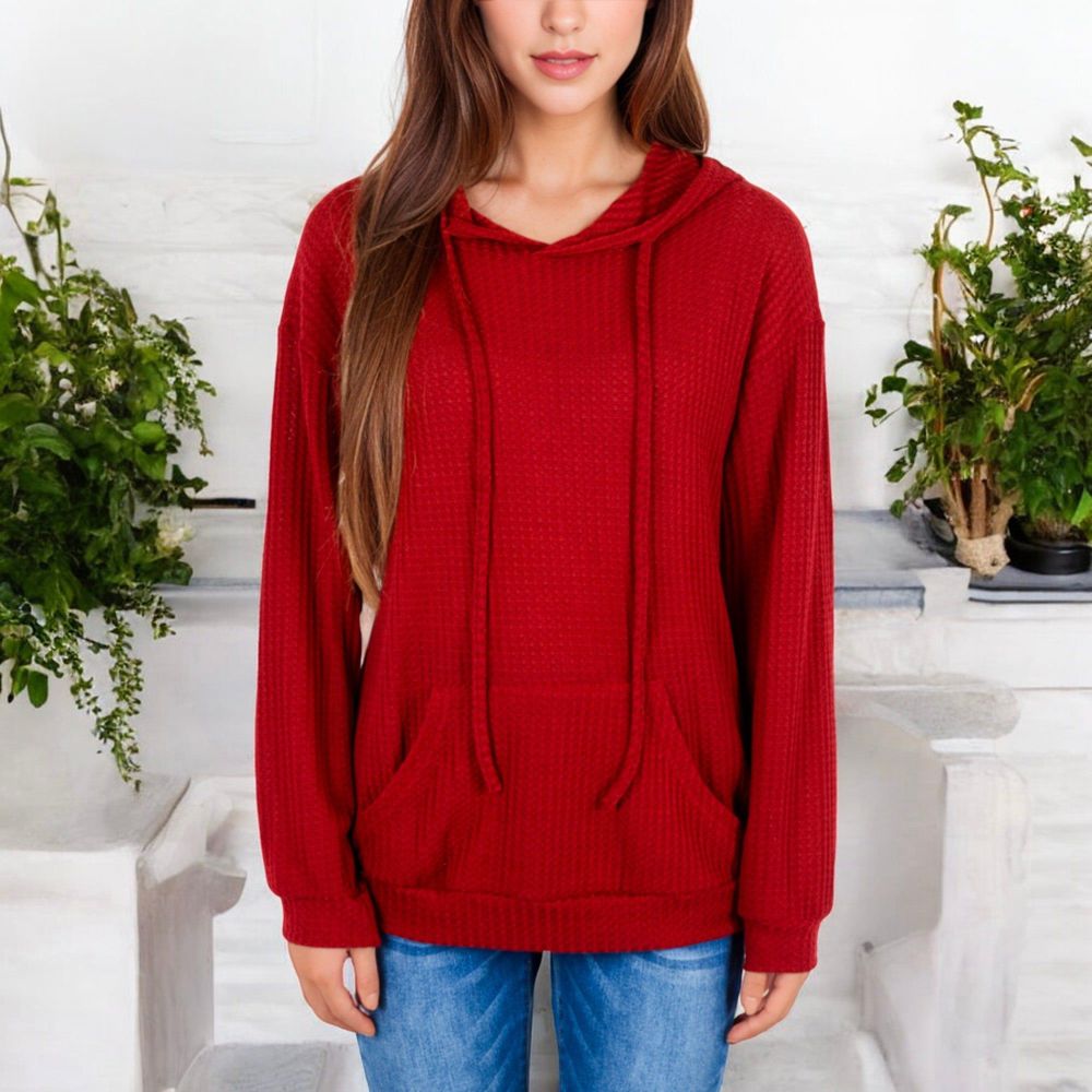 Waffle Knit Long Sleeve Hoodie with Front Pockets