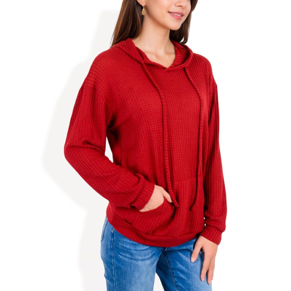 Waffle Knit Long Sleeve Hoodie with Front Pockets