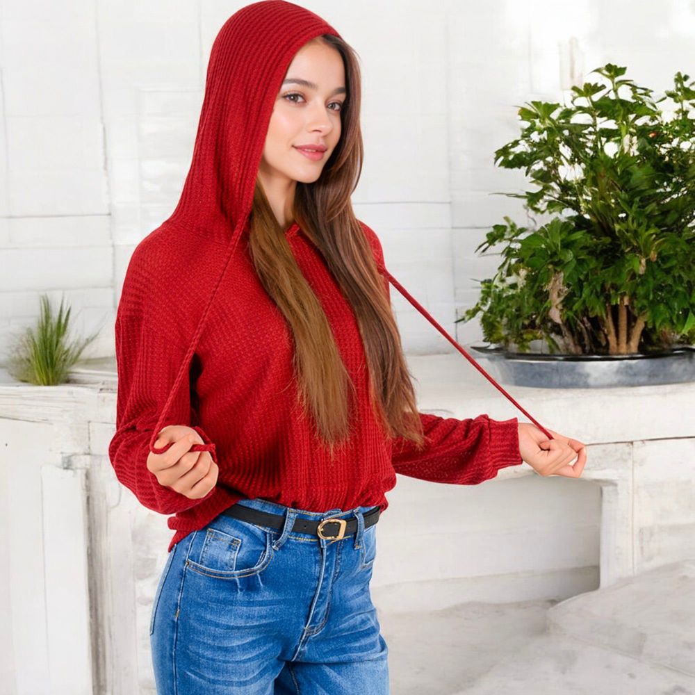 Waffle Knit Long Sleeve Hoodie with Front Pockets