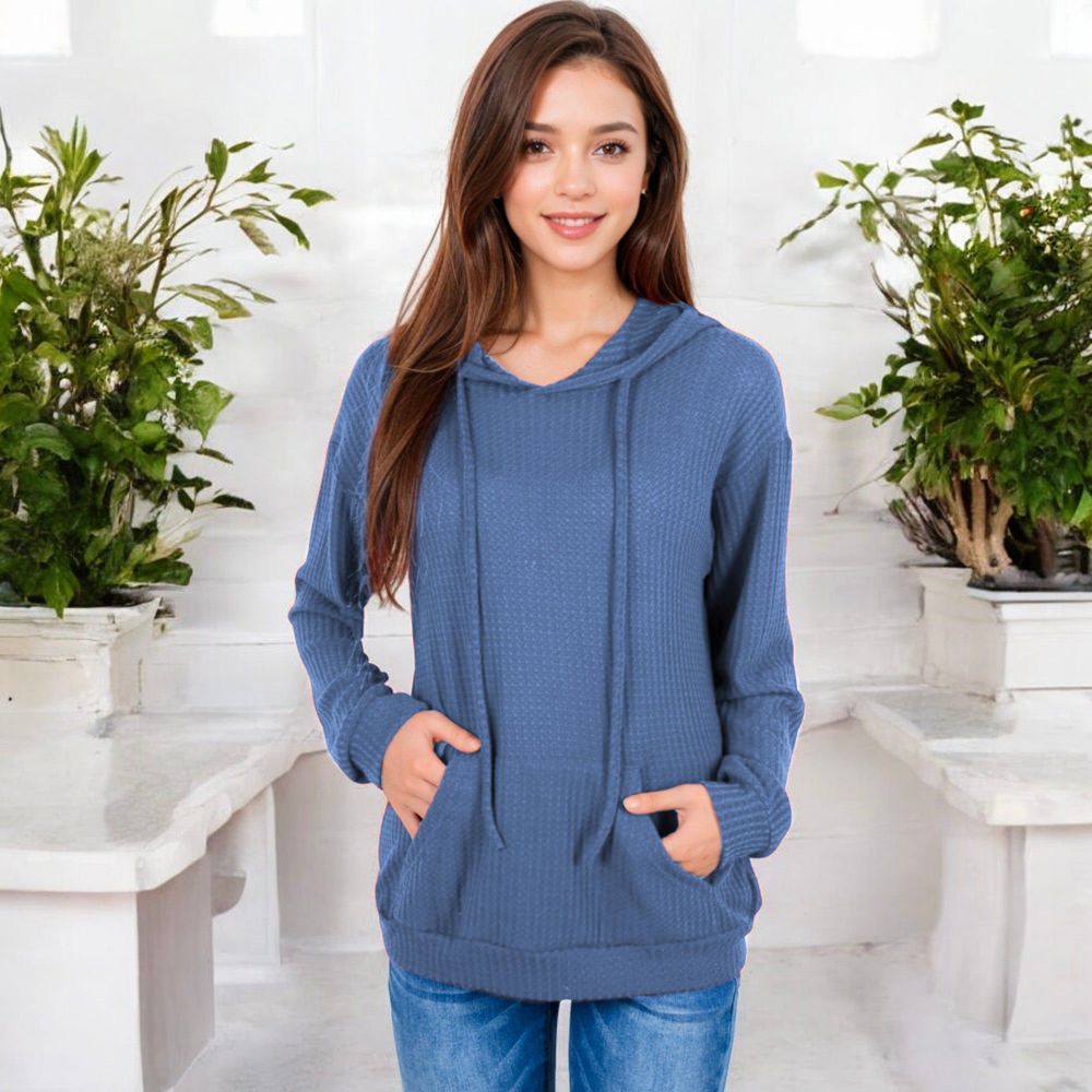 Waffle Knit Long Sleeve Hoodie with Front Pockets