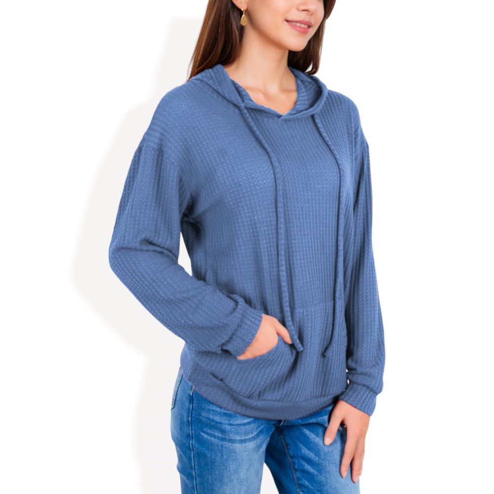 Waffle Knit Long Sleeve Hoodie with Front Pockets