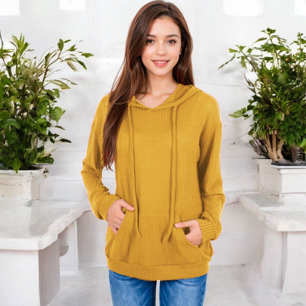 Waffle Knit Long Sleeve Hoodie with Front Pockets