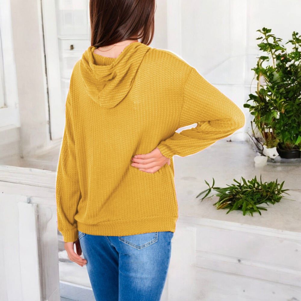 Waffle Knit Long Sleeve Hoodie with Front Pockets