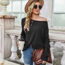 Black Large Off-the-Shoulder Waffle Knit Long Sleeve Top