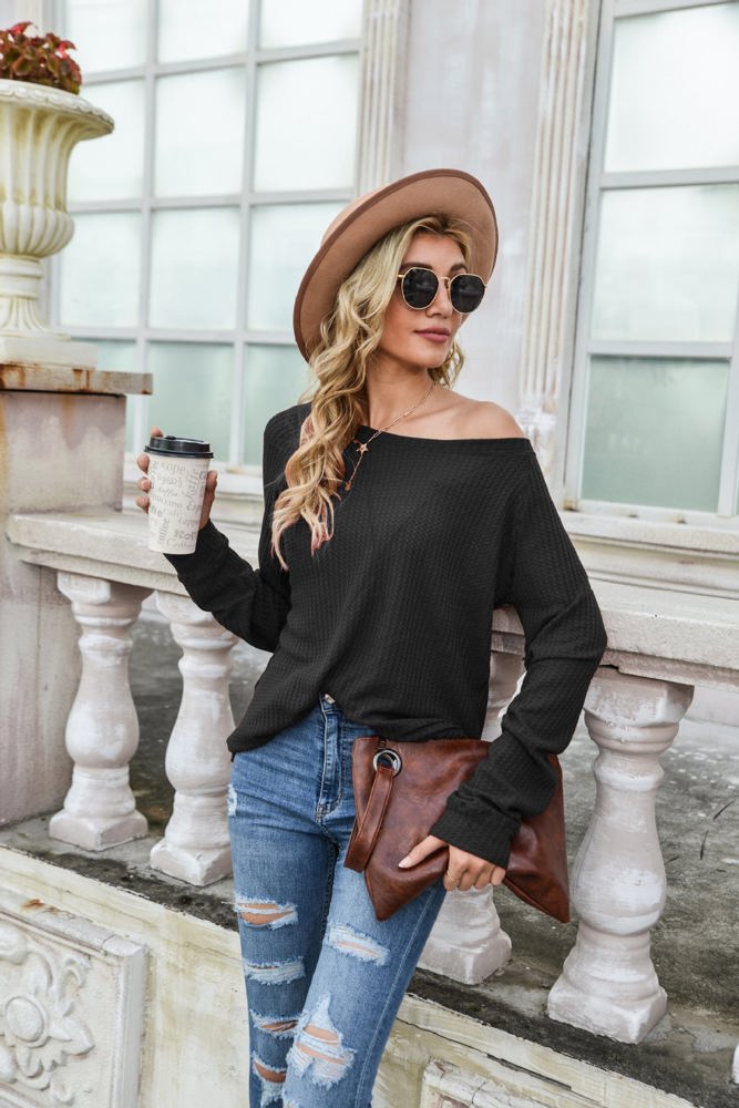 Off-the-Shoulder Waffle Knit Long Sleeve Top