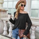 Black Large Off-the-Shoulder Waffle Knit Long Sleeve Top