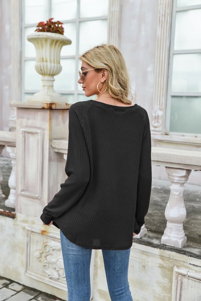 Off-the-Shoulder Waffle Knit Long Sleeve Top