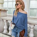 Blue Large Off-the-Shoulder Waffle Knit Long Sleeve Top