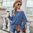 Blue Large Off-the-Shoulder Waffle Knit Long Sleeve Top