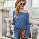 Blue Large Off-the-Shoulder Waffle Knit Long Sleeve Top