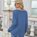 Blue Large Off-the-Shoulder Waffle Knit Long Sleeve Top