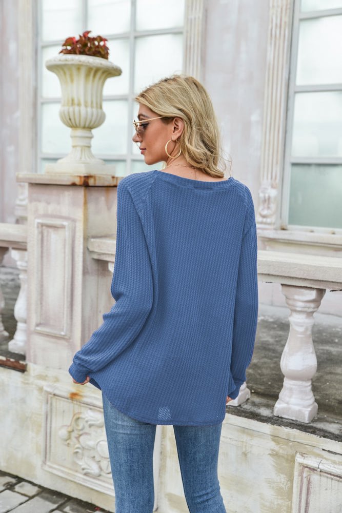 Off-the-Shoulder Waffle Knit Long Sleeve Top