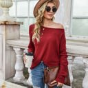 Red Large Off-the-Shoulder Waffle Knit Long Sleeve Top