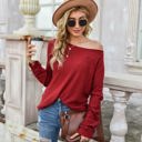 Red Large Off-the-Shoulder Waffle Knit Long Sleeve Top