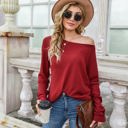 Red Large Off-the-Shoulder Waffle Knit Long Sleeve Top