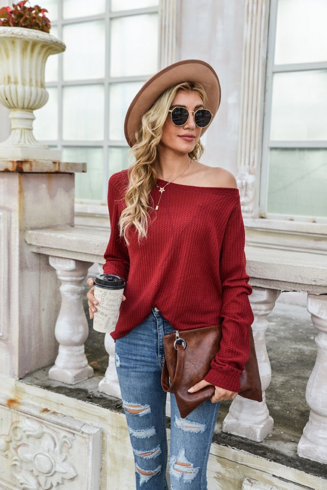 Off-the-Shoulder Waffle Knit Long Sleeve Top