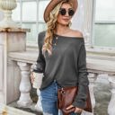 Gray Large Off-the-Shoulder Waffle Knit Long Sleeve Top